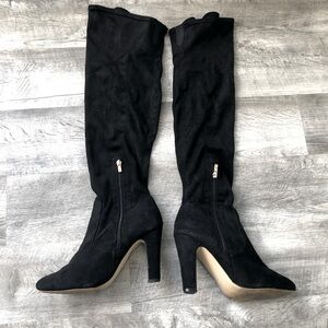 Velvet Black Tall Heeled Boots With Zipper